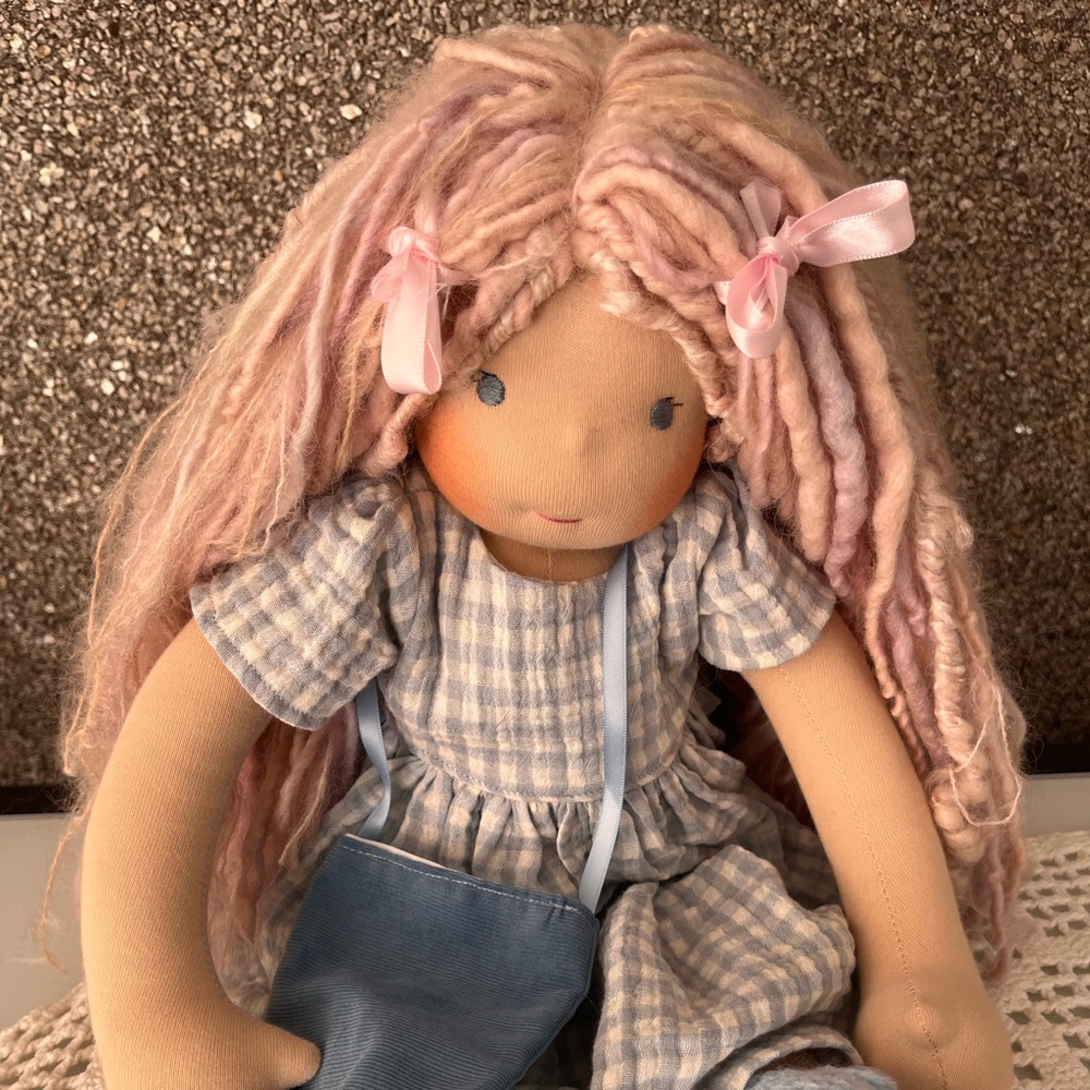 Bamboletta sitting friend Adorable Doll with Pink Hair and Blue Gingham Dress
